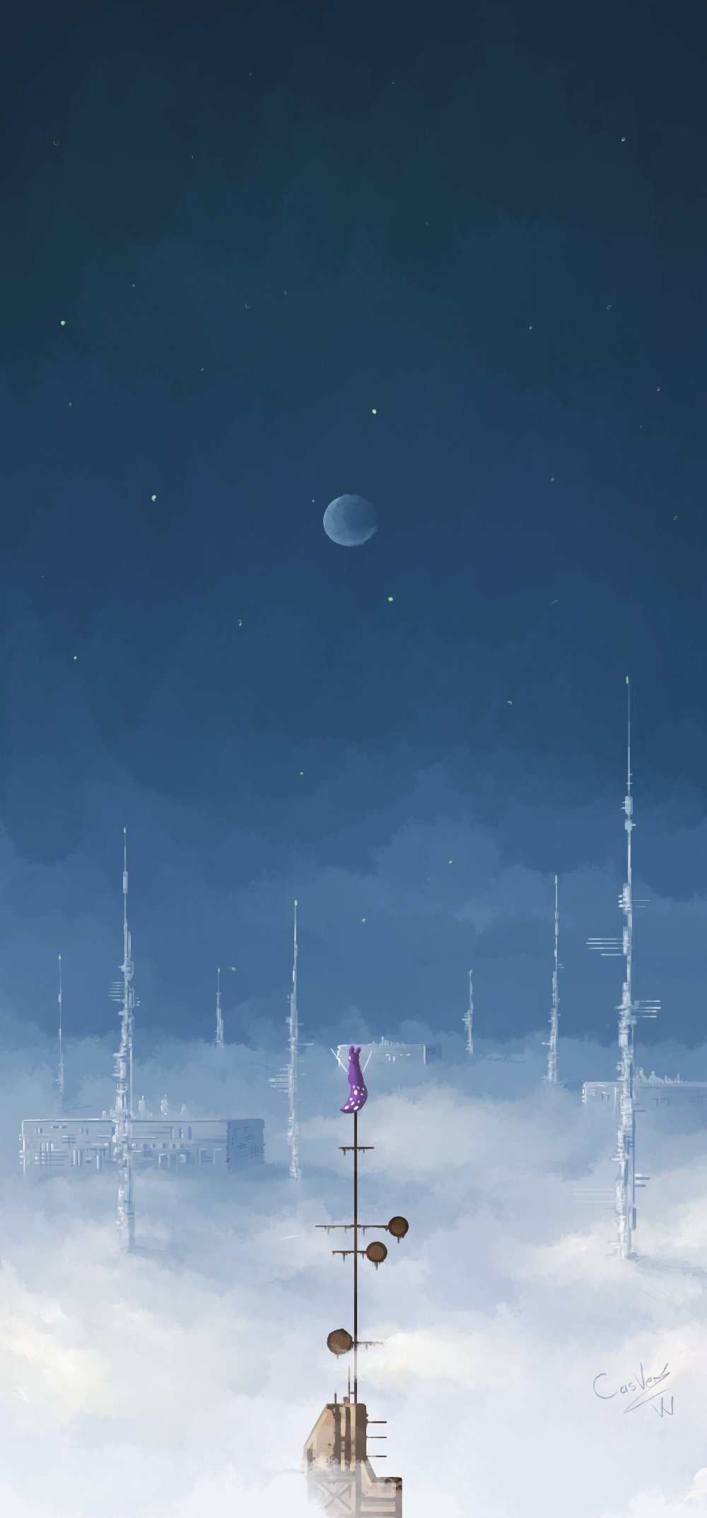 above_clouds, artist_name, blue_sky, casver_w, clouds, creature, highres, moon