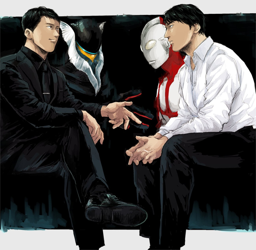 alien, black_eyes, black_hair, black_jacket, black_necktie, black_shirt, blue_eyes, colored_skin