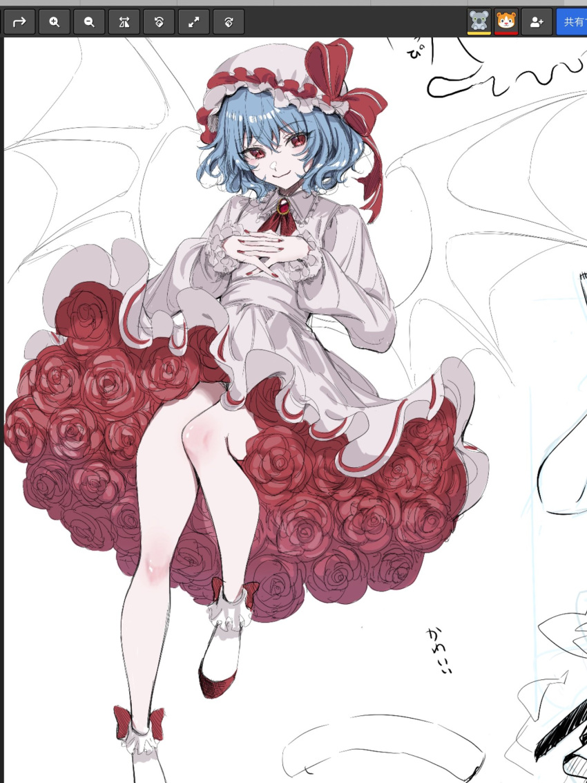 1girl, art_program_in_frame, ascot, bat_wings, blue_hair, bow, brooch, commentary, dress, flat_chest, flower, frilled_dress, frilled_hat, frilled_sleeves, frilled_socks, frills, full_body, gem, hat, hat_bow, hayakuhashireyo, highres, jewelry, long_sleeves, looking_at_viewer, magicaldraw, magicaldraw_(medium), mob_cap, nail_polish, own_hands_clasped, own_hands_together, red_ascot, red_bow, red_eyes, red_gemstone, red_nails, red_shoes, remilia_scarlet, rose, shoes, short_hair, simple_background, slit_pupils, smile, socks, solo, touhou, vampire, white_background, white_dress, white_hat, white_socks, wings