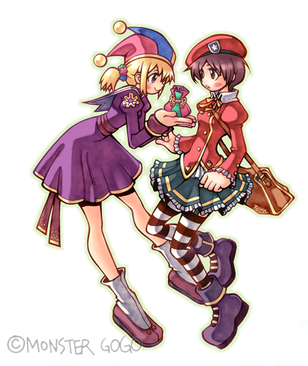 2girls, ankle_socks, archived_source, artist_name, badge, bag, beoseon, beret