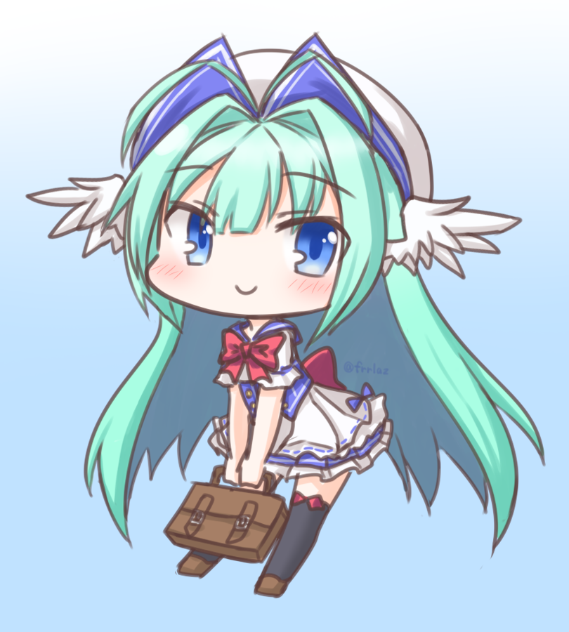 1girl, antenna_hair, bag, black_thighhighs, blue_background, blue_corset, blue_eyes, blue_skirt, bow, bowtie, chibi, corset, emil_chronicle_online, fly_fish_alma, frilled_skirt, frills, frr_(akf-hs), green_hair, hat, head_wings, holding, holding_bag, long_hair, looking_at_viewer, red_bow, red_ribbon, ribbon, sailor_collar, shirt, skirt, smile, solo, thigh-highs, waist_ribbon, white_hat, white_shirt, white_wings, wings