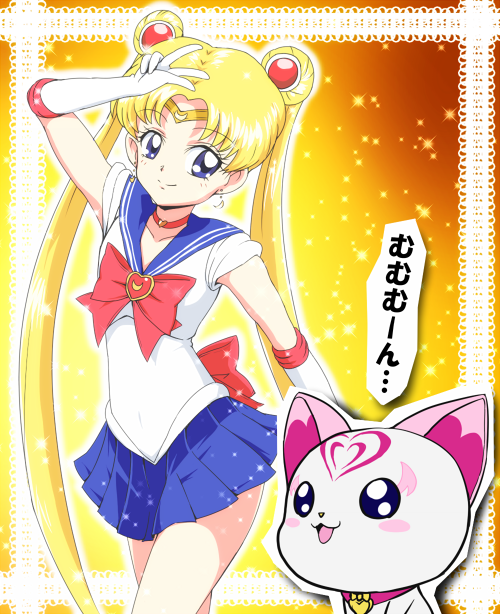 bishoujo_senshi_sailor_moon, cat, crossover, double_bun, gloves, hummy_(suite_precure), magical_girl, mitsuishi_kotono