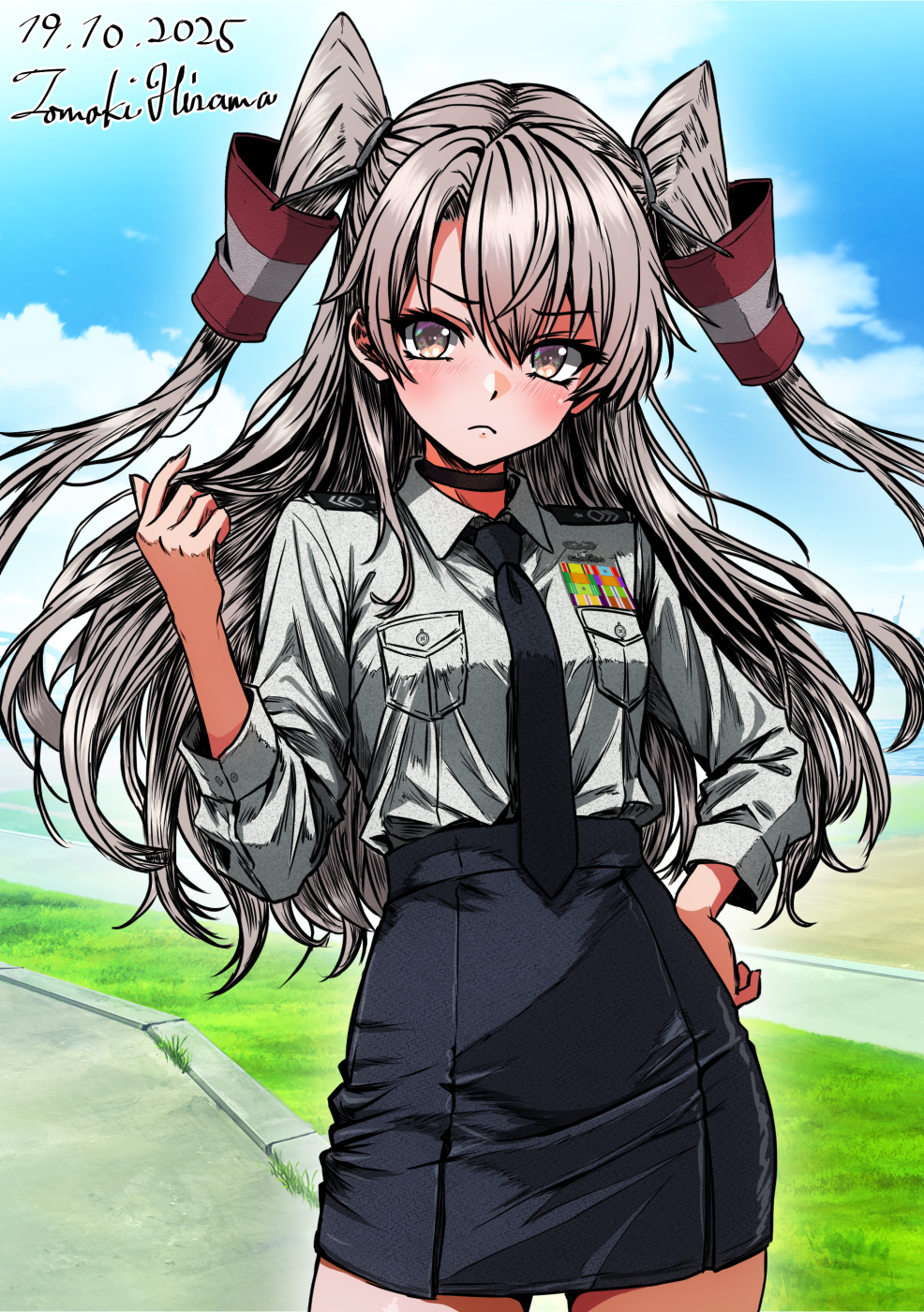 1girl, alternate_costume, amatsukaze_(kancolle), black_choker, black_necktie, black_skirt, breast_pocket, breasts, brown_eyes, choker, collared_shirt, commentary_request, grey_hair, grey_shirt, hair_tubes, highres, hisama_tomoki, kantai_collection, long_hair, long_sleeves, military_dress_uniform, military_rank_insignia, military_uniform, miniskirt, naval_dress_uniform, naval_uniform, necktie, one-hour_drawing_challenge, pocket, ribbon_bar, shirt, shoulder_plates, skirt, small_breasts, solo, two_side_up, very_long_hair