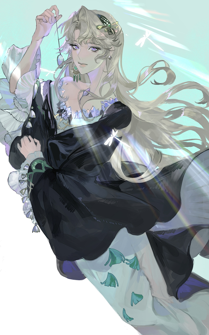 1girl, absurdres, aqua_background, beryl_bouanich, black_cloak, blue_eyes, cloak, closed_mouth