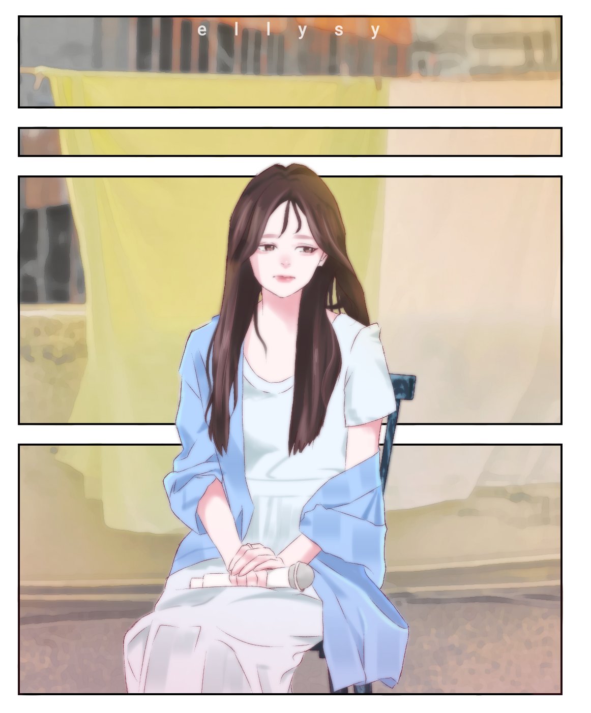 1girl, artist_name, brown_eyes, brown_hair, celebczes, closed_mouth, commentary, dress, gfriend, highres, holding, holding_microphone, long_dress, long_hair, looking_to_the_side, microphone, outdoors, sitting, solo, umji_(gfriend), viviz, white_dress