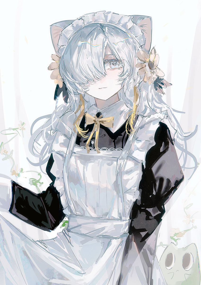 1girl, animal_ears, apron, black_dress, blonde_hair, cat_ears, creature, dress, flower, gomidasu_(kamitsubaki_studio), hair_flower, hair_ornament, hair_over_one_eye, highres, isekaijoucho, kamitsubaki_studio, long_hair, looking_at_viewer, maid, maid_headdress, multicolored_hair, solo, two-tone_hair, white_eyes, white_hair, yu_wyan