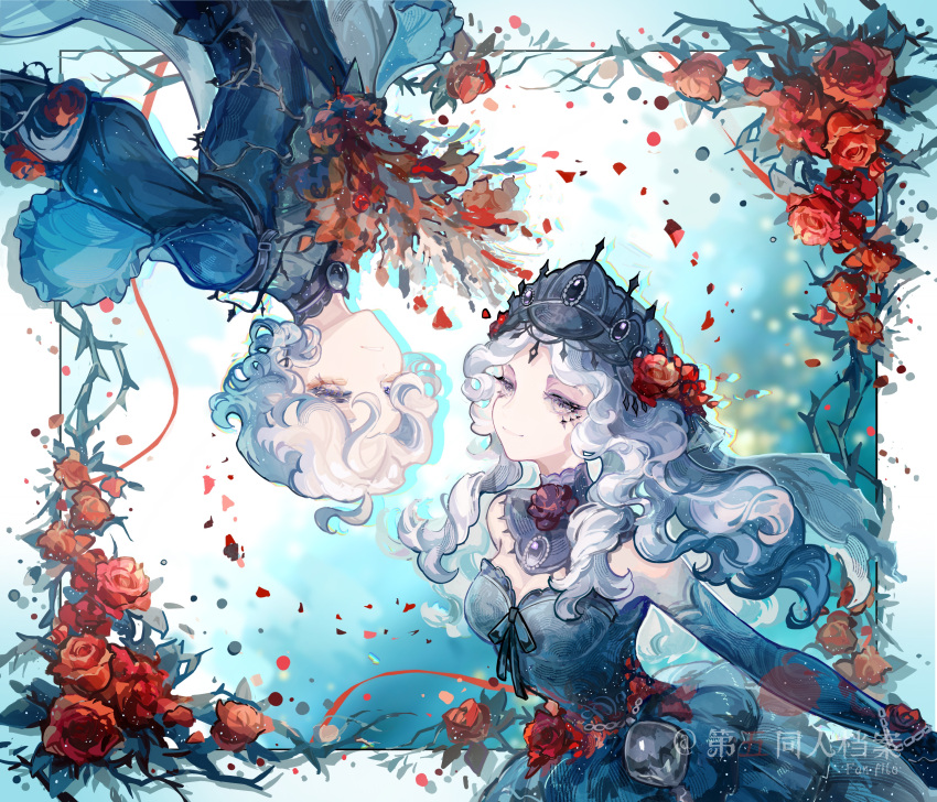 1boy, 1girl, absurdres, ada_mesmer, ada_mesmer_(everlasting_night), artist_name, bare_shoulders, black_dress