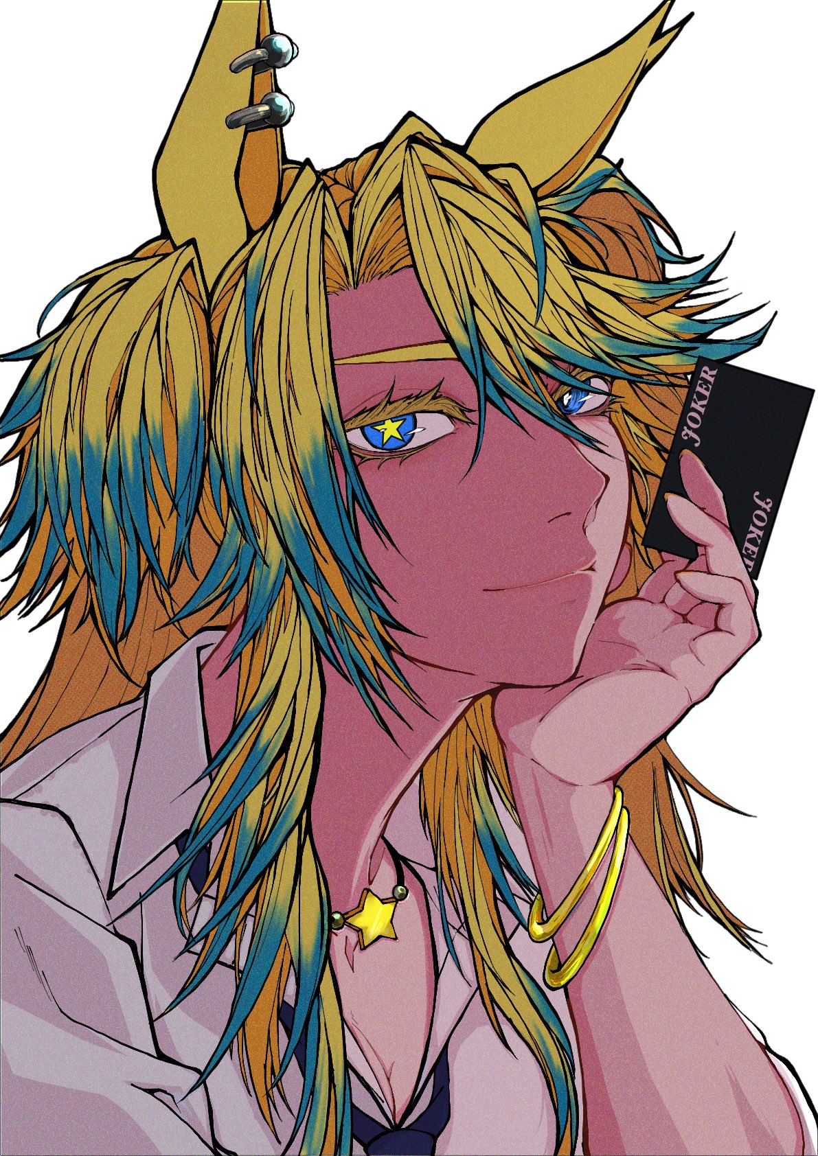 1girl, animal_ears, blonde_hair, blue_eyes, blue_hair, bracelet, breasts, card