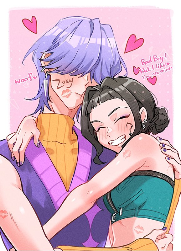 1boy, 1girl, ^_^, blush, clenched_teeth, closed_eyes, commentary, double_bun