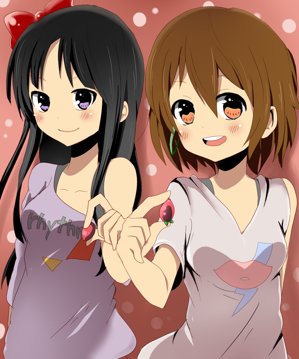 akiyama_mio, amida, black_hair, bow, brown_hair, earrings, food, fruit