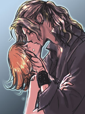 1girl, armband, brown_hair, closed_eyes, co-ro, couple, ear_studs, earrings, eyes_closed, final_fantasy, final_fantasy_viii, irvine_kinneas, jewelry, kiss, lowres, ponytail, selphie_tilmitt, tears