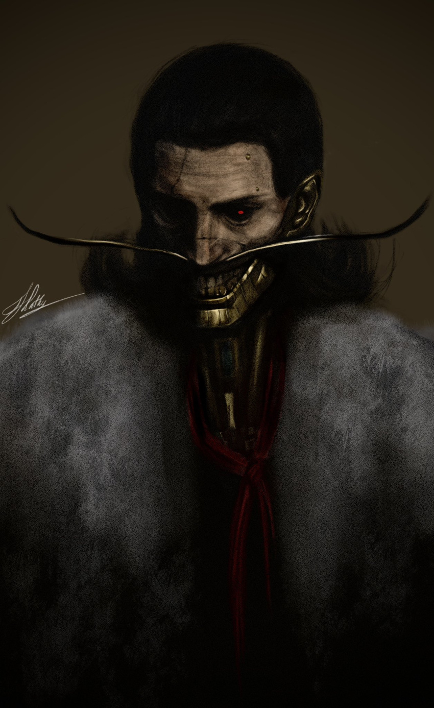 1boy, arlecchino_the_blood_artist, black_hair, black_sclera, brown_background, cafeekathy, coat, colored_sclera, commentary, english_commentary, evil_smile, facial_hair, fur_coat, glowing, glowing_eyes, highres, lies_of_p, lies_of_p:_overture, male_focus, medium_hair, mustache, puppet, red_eyes, signature, smile, solo, standing, upper_body, white_coat