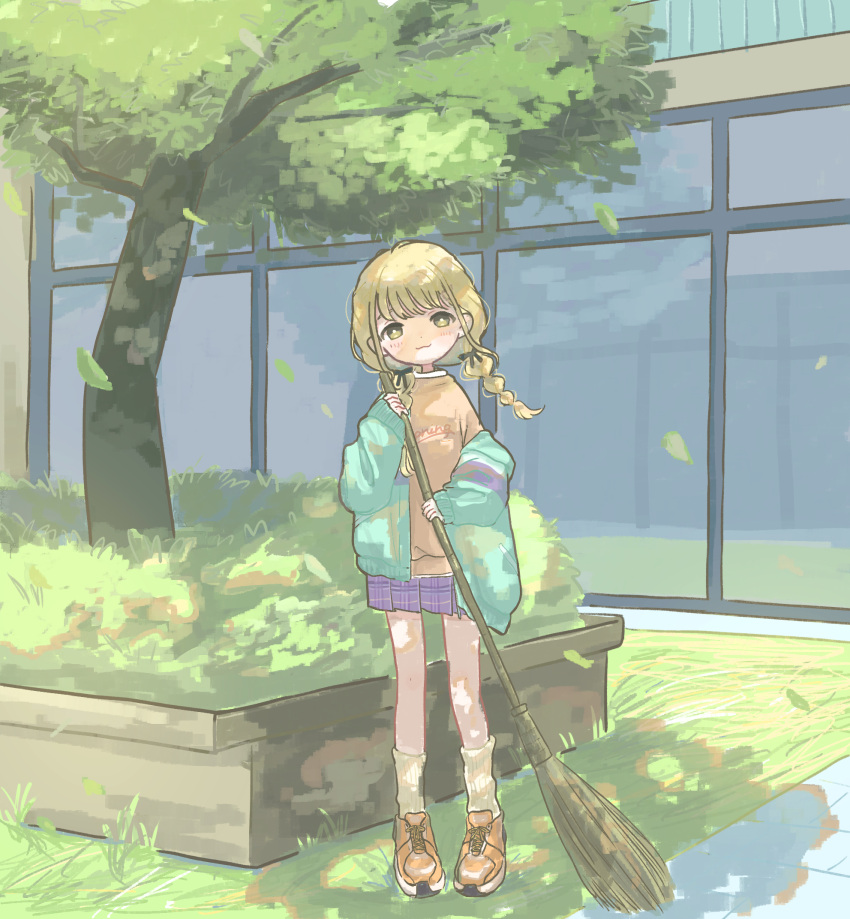 1girl, :3, aqua_jacket, ariake_(shiroan_koshian), blonde_hair, blush, braid, broom