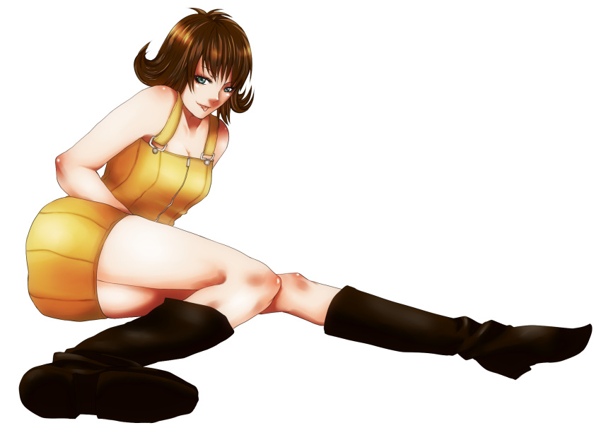 :p, artist_request, ass, bare_shoulders, blue_eyes, boots, brown_hair, final_fantasy, final_fantasy_viii, flipped_hair, highres, jdakk, legs, selphie_tilmitt, short_hair, simple_background, sitting, solo, tongue, tongue_out