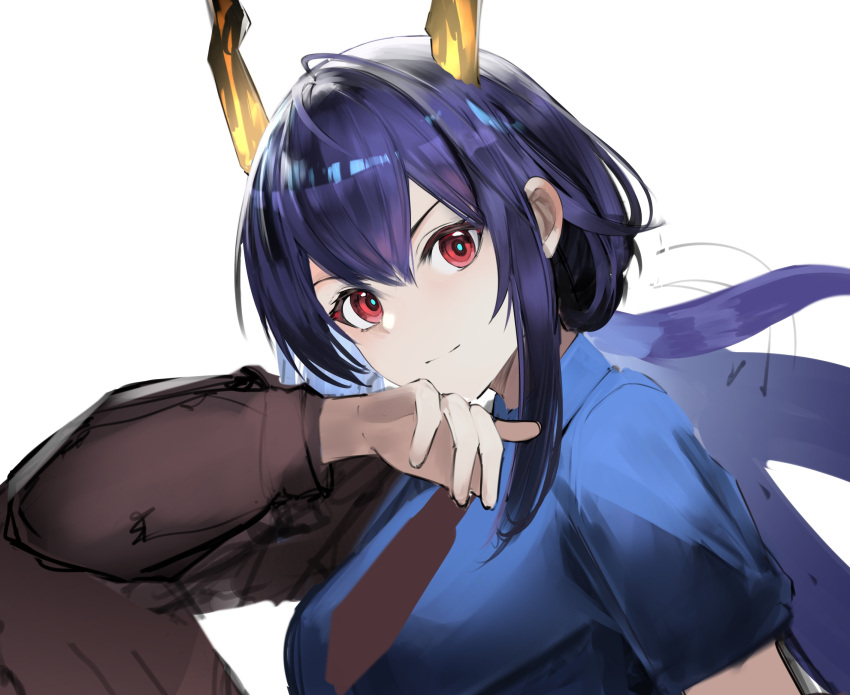 1girl, arknights, blue_hair, blue_shirt, breasts, ch'en_(after_storm)_(arknights), ch'en_(arknights), collared_shirt