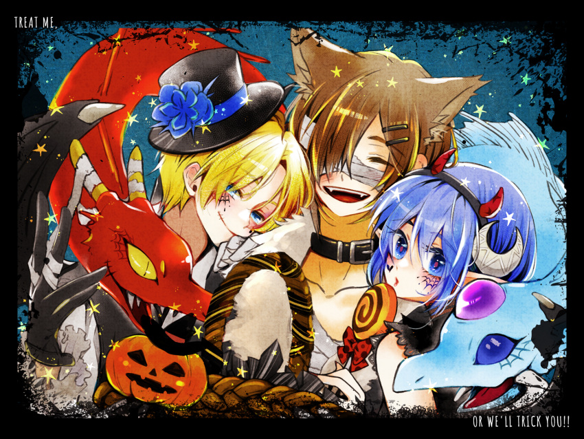 1girl, 2boys, ashton_anchors, black_gloves, blonde_hair, blue_hair, claude_c._kenny, closed_mouth