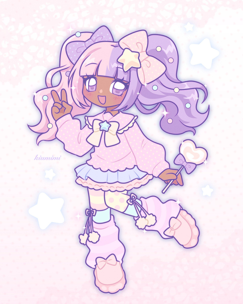 1girl, absurdres, asymmetrical_legwear, blunt_bangs, bow, bowtie, candy, commentary