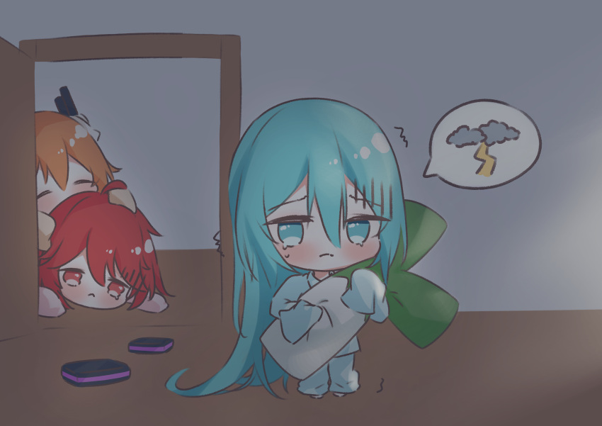 3girls, a.i._voice, adachi_rei, aqua_eyes, aqua_hair, closed_eyes, closed_mouth, cott_(cott_5)