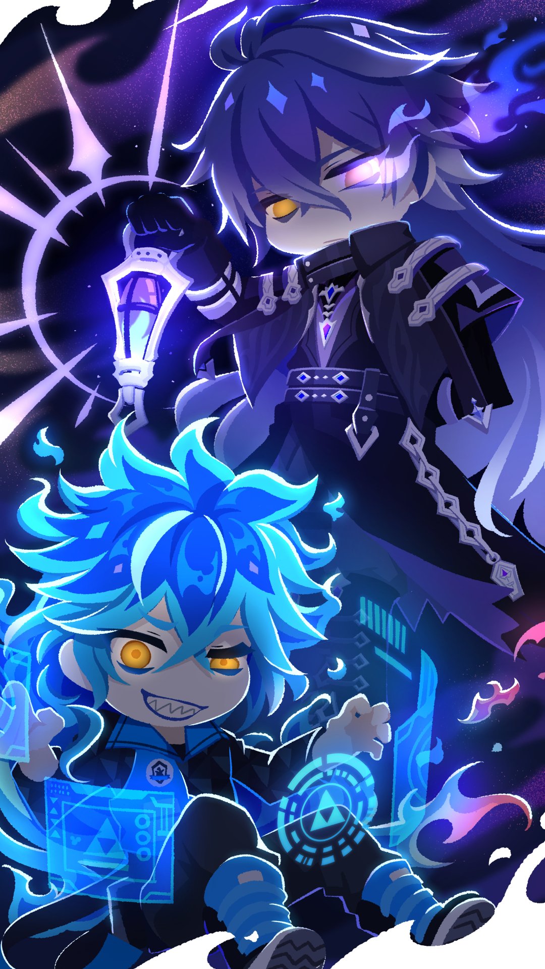 2boys, arm_up, arms_up, black_capelet, black_coat, black_gloves, blue_fire, blue_lips