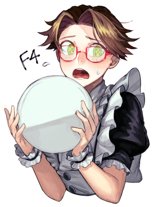 1boy, brown_hair, cross-shaped_pupils, crossdressing, crossdressing_(mtf), freckles, frilled_sleeves, frilled_wrist_cuffs, frills, fubuaku, glasses, green_eyes, hair_intakes, identity_v, lucky_guy, lucky_guy_(maid_outfit), maid, male_focus, male_maid, open_mouth, puffy_sleeves, red-framed_eyewear, small_sweatdrop, solo, symbol-shaped_pupils, upper_body, wrist_cuffs