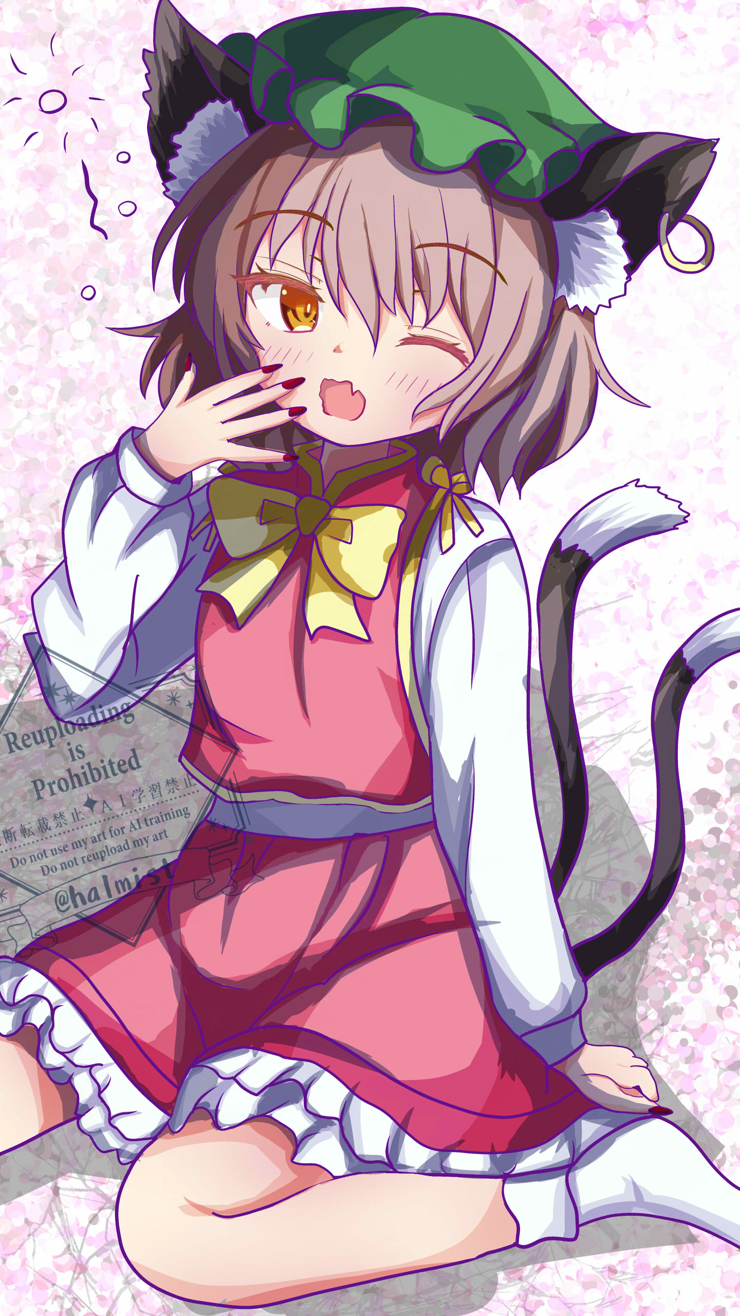 1girl, absurdres, brown_eyes, brown_hair, chen, commentary_request, halmist, hand_up