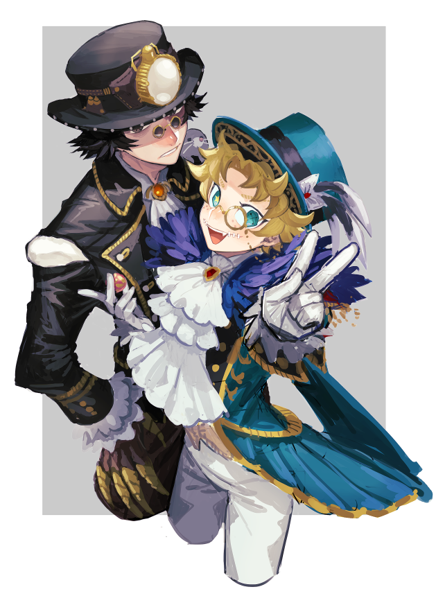 2boys, :d, aqua_eyes, aqua_jacket, ascot, black_hair, black_jacket, blonde_hair