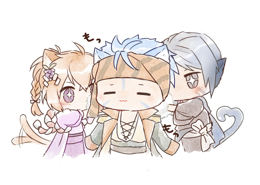 1girl, 2boys, animal_ears, bandana, blue_hair, cat_boy, cat_ears, cat_girl