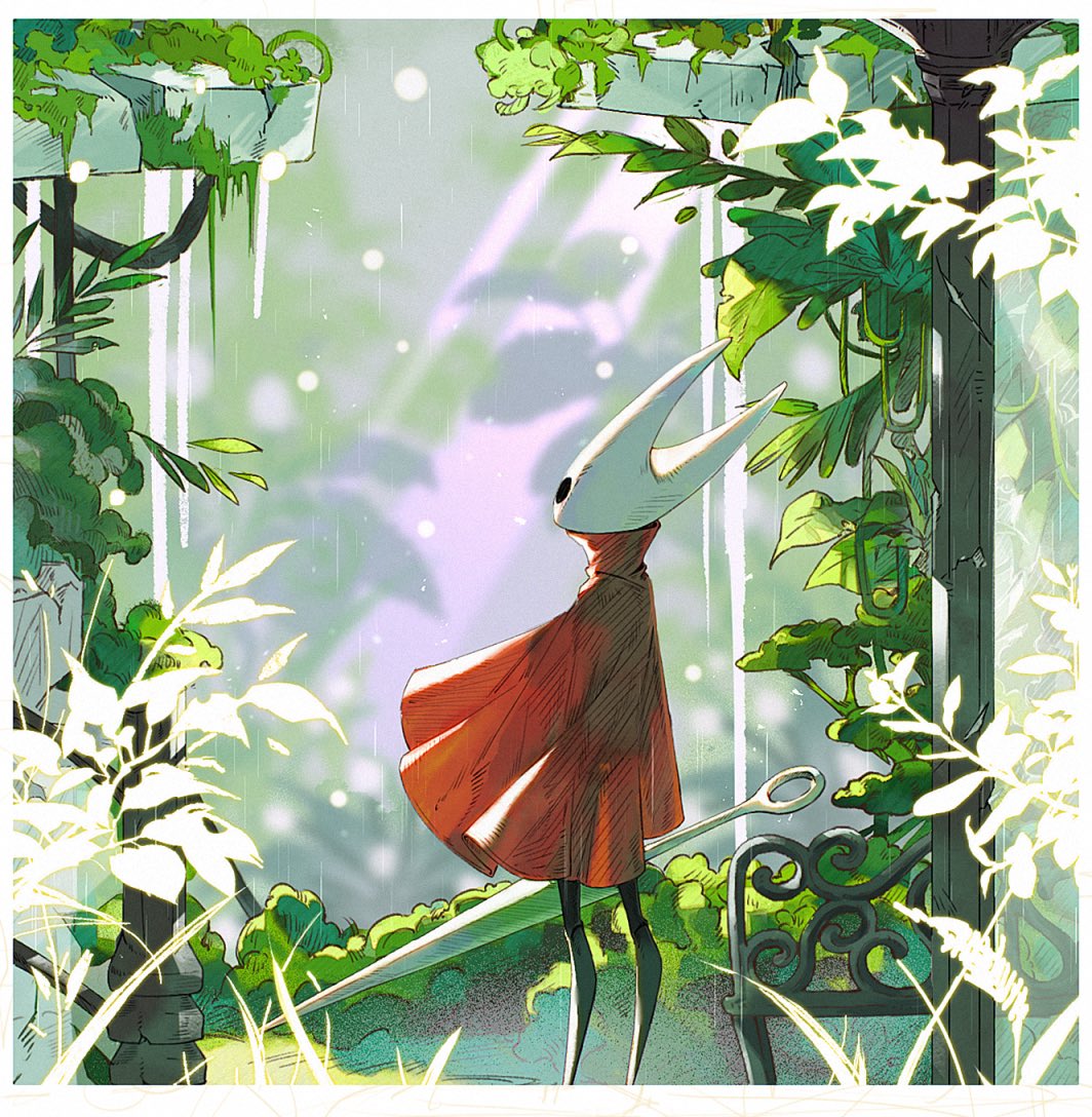1girl, bench, black_eyes, blurry, blurry_background, border, cloak, foliage, full_body, gymnopedies2, hollow_knight, hollow_knight:_silksong, hornet_(hollow_knight), horns, leaf, looking_ahead, pin_(hollow_knight), red_cloak, solo, standing, white_border
