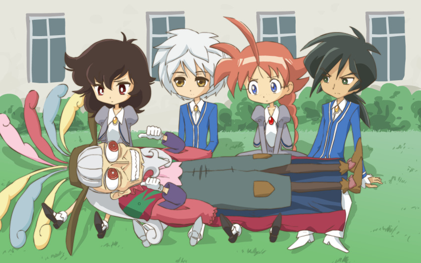 ahiru, ahoge, black_hair, blue_eyes, drosselmeyer, fakir, green_eyes, john_su