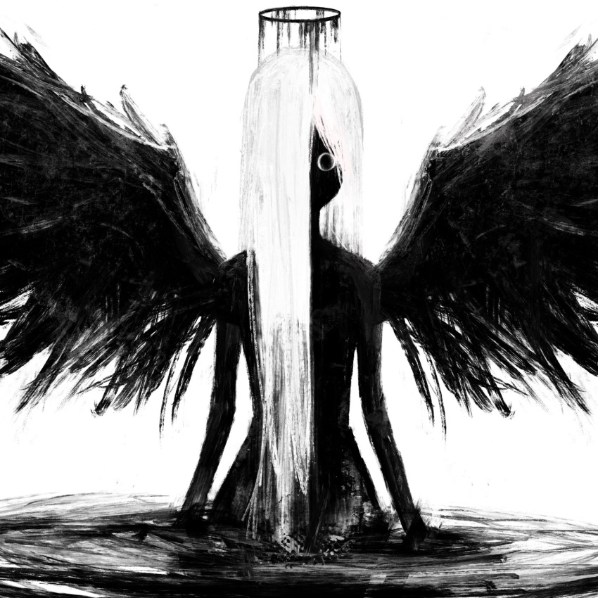 1girl, commentary, english_commentary, greyscale, hair_over_one_eye, halo, highres, knowthisdream