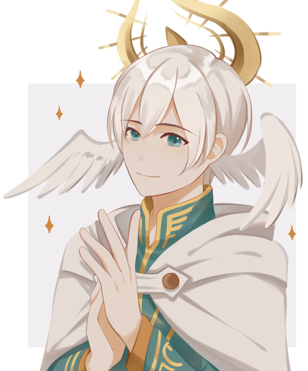 1boy, cape, commentary, commission, double-parted_bangs, english_commentary, fuwafuwallen, green_eyes