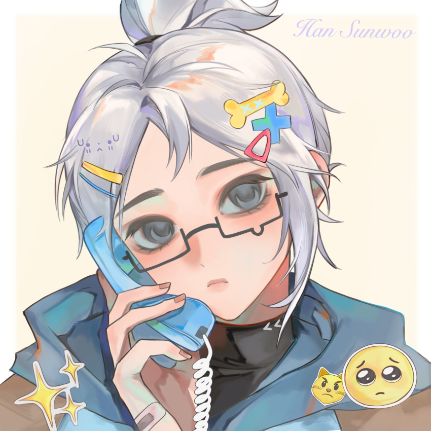 1girl, absurdres, bandaid, bandaid_on_hand, black_eyes, blue_hoodie, bone_hair_ornament, border