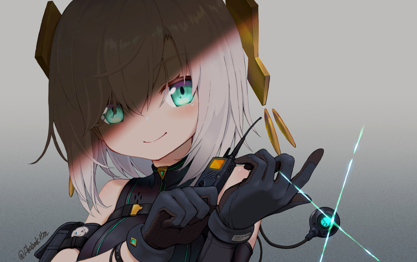1girl, adjusting_clothes, adjusting_gloves, ars_almal, bare_shoulders, black_gloves, black_shirt, blue_eyes