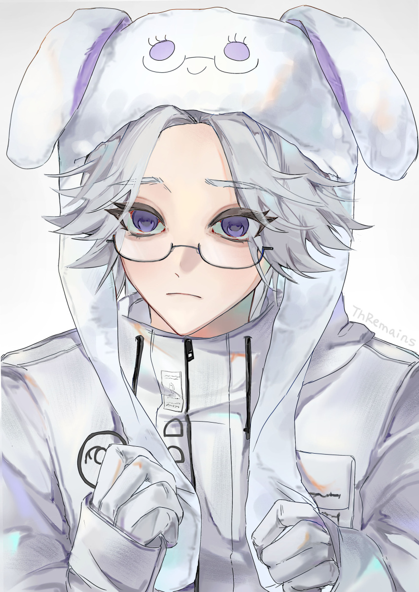 1boy, absurdres, animal_hat, aotsuki_eito, chinese_commentary, closed_mouth, commentary_request, dingli, drawstring, eyelashes, frown, glasses, gloves, hat, hat_flaps, hat_with_ears, high_collar, highres, jacket, long_sleeves, male_focus, pocket, rabbit_hat, sanpaku, semi-rimless_eyewear, simple_background, sleeves_past_wrists, solo, the_hundred_line_-last_defense_academy-, upper_body, violet_eyes, white_background, white_gloves, white_hat, white_jacket, zipper_pull_tab
