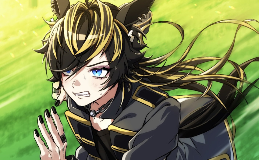 1boy, aimono_jyushi, androgynous, animal_ear_piercing, animal_ears, black_hair, black_nails, black_shirt, blonde_hair, blonde_streaks, blue_eyes, blurry, blurry_background, chain, chain_necklace, clenched_hand, clenched_teeth, collarbone, colored_lapels, commentary_request, contrast_collar, earrings, eyeshadow, fang, from_above, furrowed_brow, gold_trim, grass, grey_jacket, hair_intakes, hair_over_one_eye, hand_up, hoop_earrings, horse_boy, horse_ears, horse_tail, hypnosis_mic, jacket, jewelry, kemonomimi_mode, lapels, light_blush, long_hair, long_sleeves, looking_ahead, makeup, male_focus, motion_blur, multicolored_hair, multiple_piercings, necklace, open_clothes, open_jacket, open_mouth, pale_skin, parody, purple_eyeshadow, ring, runes, running, serious, shirt, silver_necklace, solo, soramame_pikuto, streaked_hair, stud_earrings, sweat, tail, teeth, two-tone_hair, umamusume, upper_body, v-shaped_eyebrows