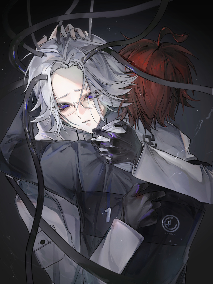 2boys, absurdres, ahoge, aotsuki_eito, black_background, black_gloves, black_jacket, blue_eyes