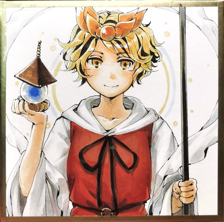 1girl, bishamonten's_pagoda, bishamonten's_spear, black_streaks, hagoromo, hair_ornament, highres, holding