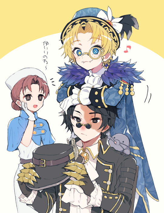 1girl, 2boys, :3, :d, ascot, black_eyes, black_hair, black_jacket