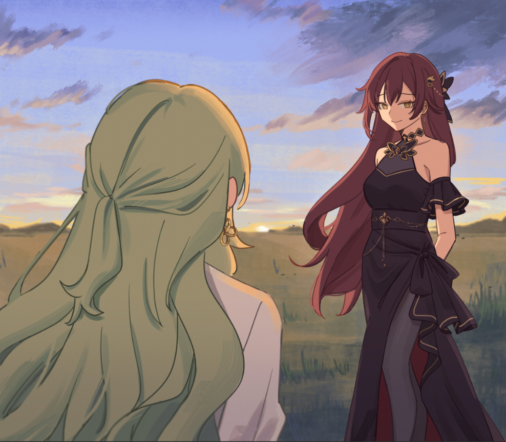 2girls, bare_shoulders, black_dress, black_pantyhose, blue_sky, breasts, brown_hair, coat