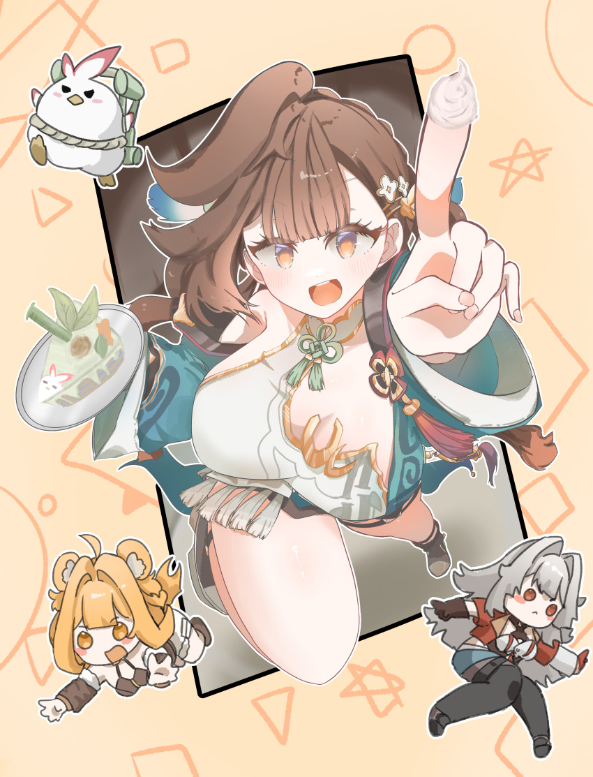 3girls, :<, :d, absurdres, ahoge, animal_ears, bear_ears, blonde_hair