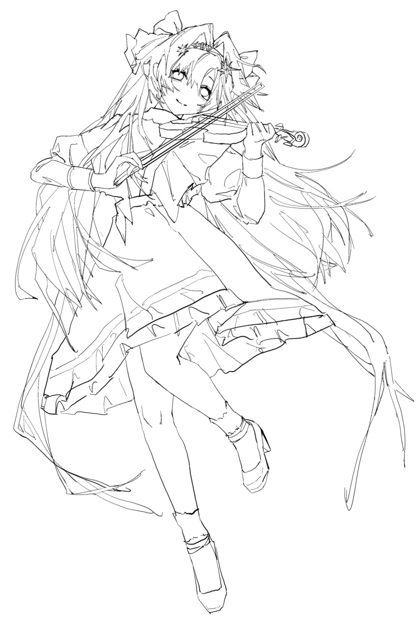 1girl, absurdres, bow_(music), closed_mouth, dress, full_body, greyscale, hair_intakes