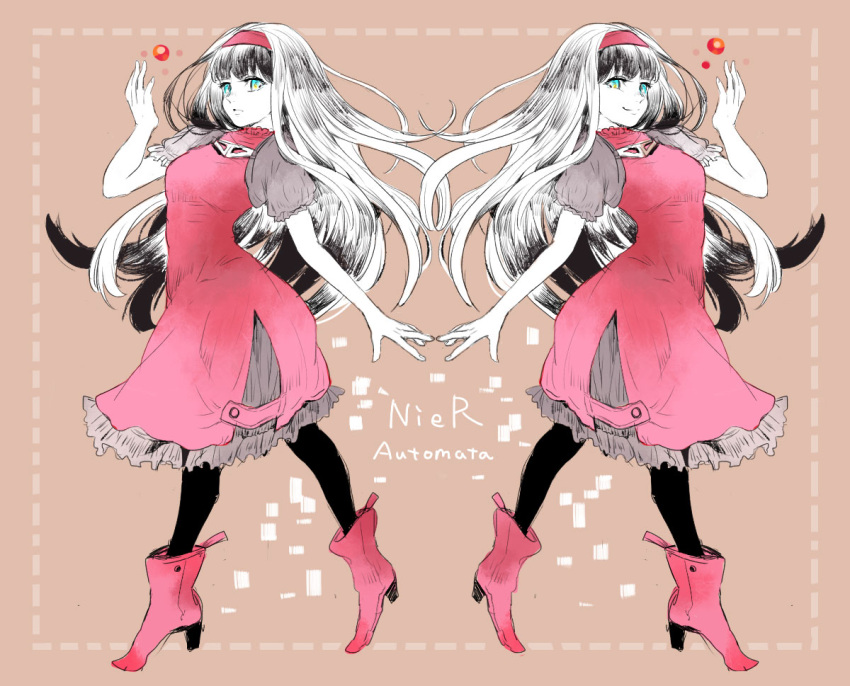 1girl, blue_eyes, boots, closed_mouth, dress, dual_persona, full_body, hairband