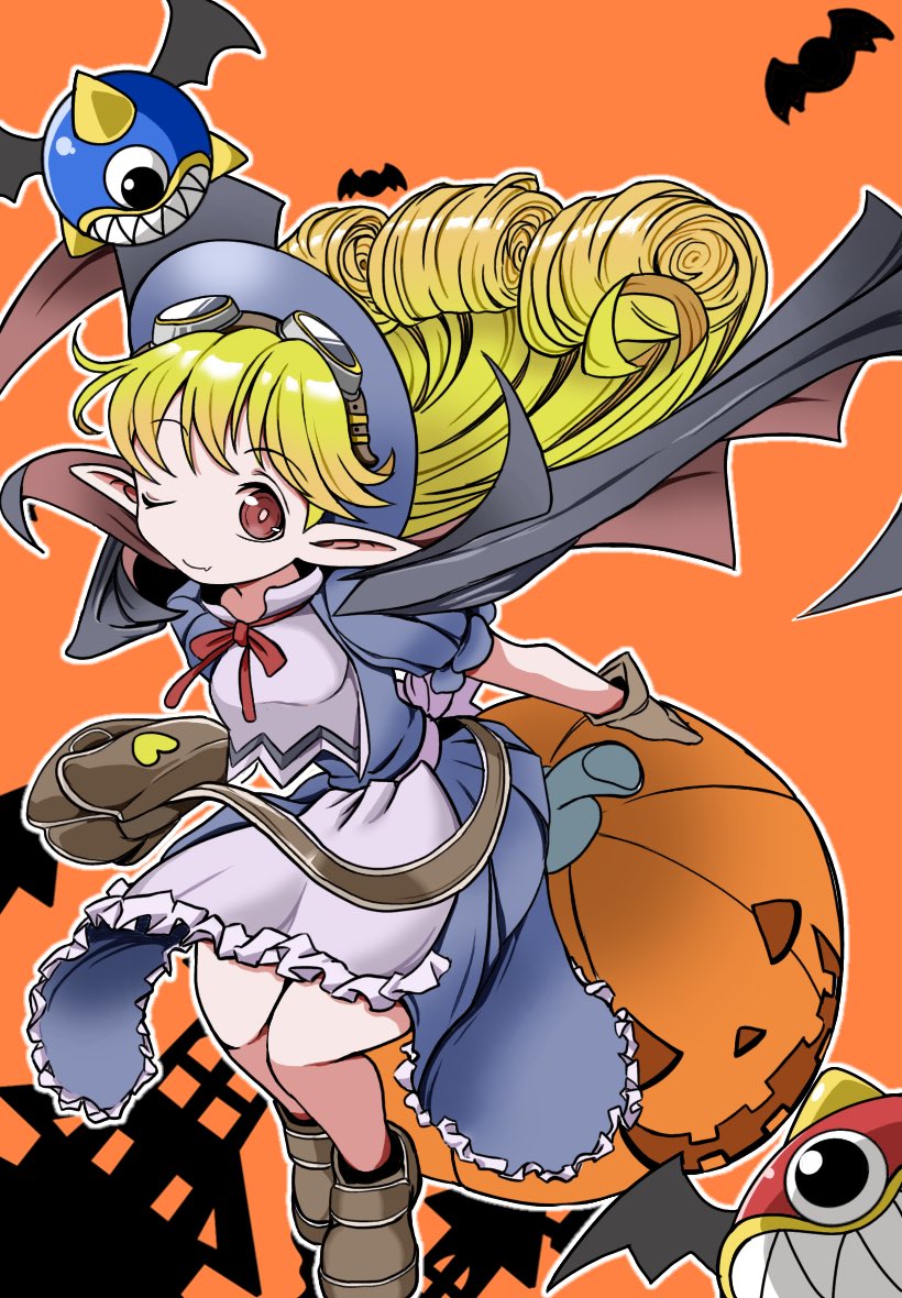 1girl, apron, bag, bat_(animal), blonde_hair, blue_hat, bow, brown_bag