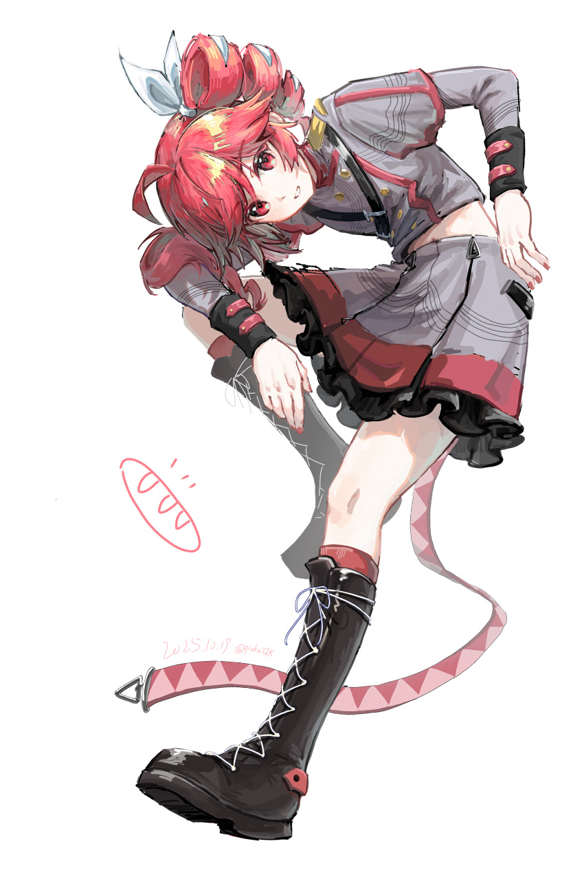 1girl, absurdres, ahoge, black_boots, boots, buttons, commentary_request, dated