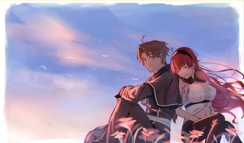 1boy, 1girl, absurdres, aged_up, ahoge, black_hairband, blush, breasts