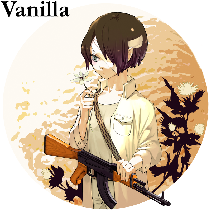 assault_rifle, bandage, bandage_over_one_eye, bandages, black_hair, english, flower, food, grey_eyes, gun, ice_cream, original, personification, rifle, short_hair, solo, temoshi, thistle, weapon