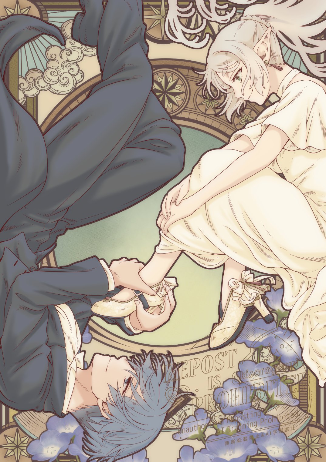 1boy, 1girl, art_nouveau, black_jacket, black_pants, black_shoes, black_suit, blue_flower