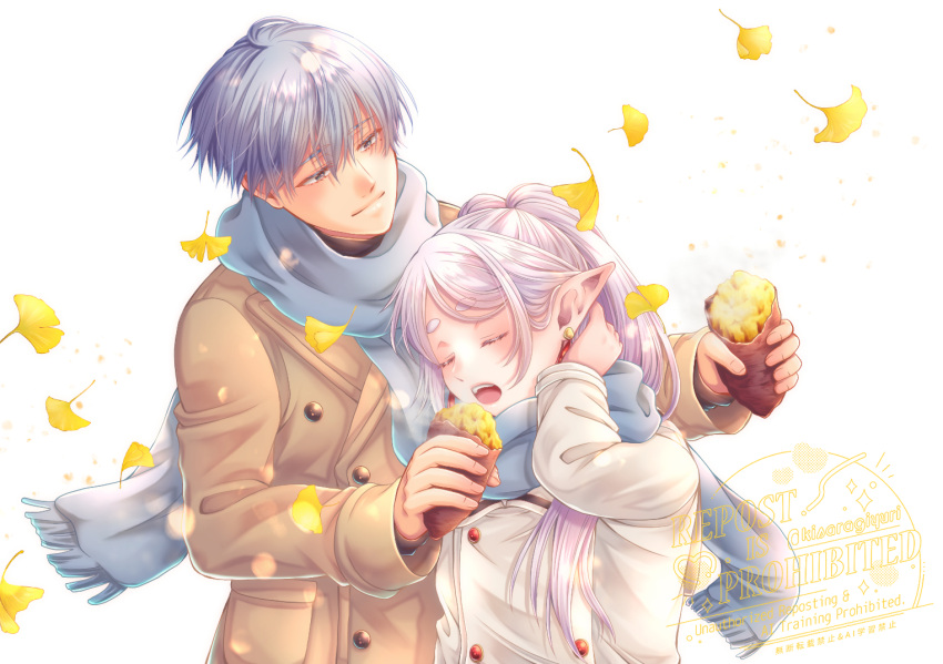 1boy, 1girl, blue_hair, blue_scarf, brown_coat, closed_eyes, coat, couple