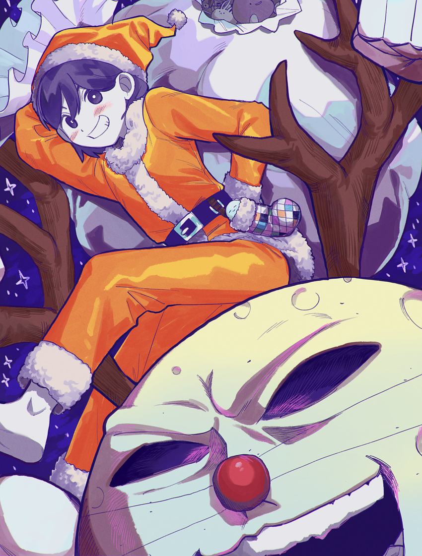 2boys, :d, animal, antlers, arm_behind_back, bag, barefoot, belt