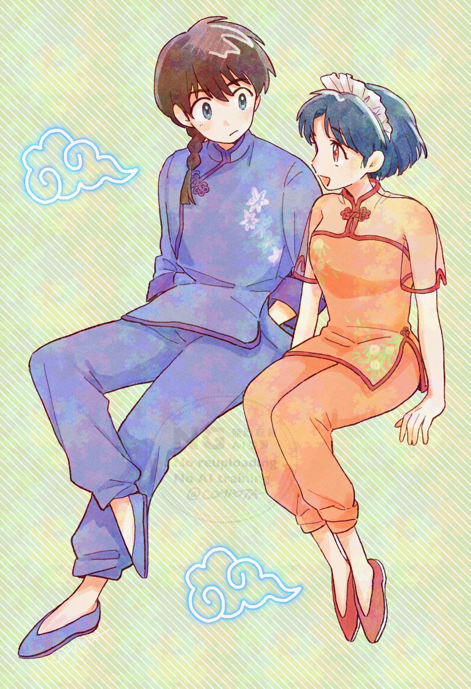 1boy, 1girl, blue_eyes, blue_hair, blue_pants, blue_shirt, blue_shoes, braid